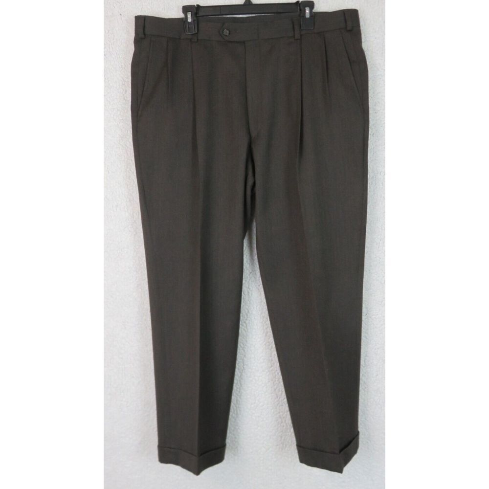 Burberry London Mens Dress Pants Brown Size 40x30 Wool Pleated Front Cuffed Hems